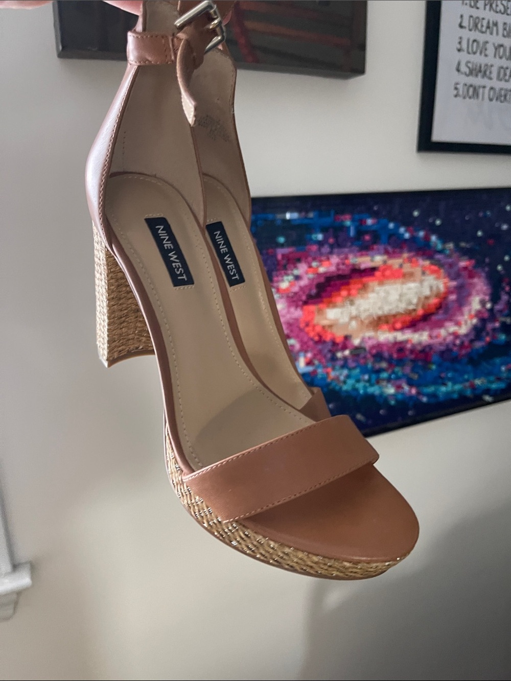 Nine West Cognac Woven Block Heel Sandals